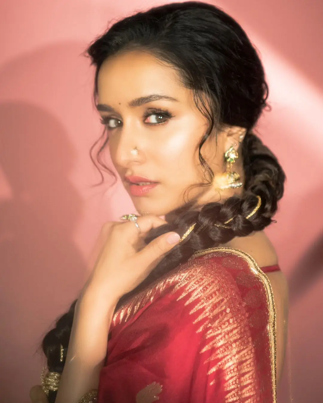 Shraddha Kapoor Wearing Beautiful Earrings Jewellery Red Saree